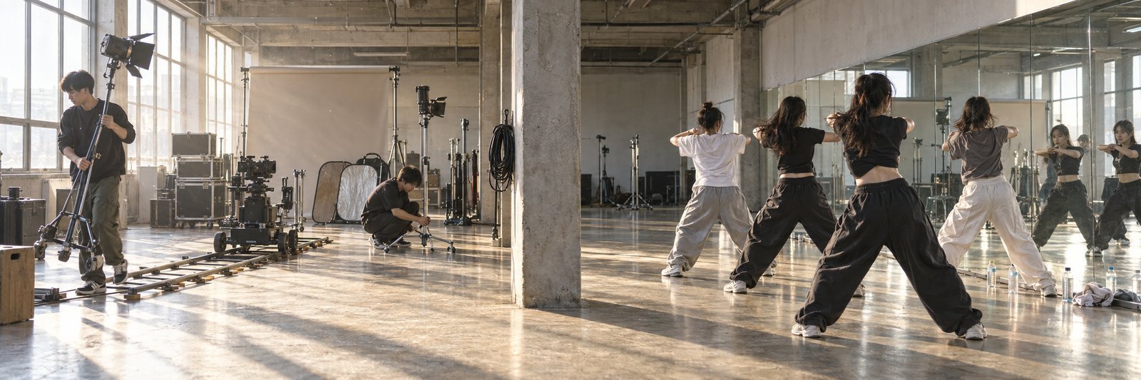 A film production floor and a dance practice room sharing one daylit studio in Korea