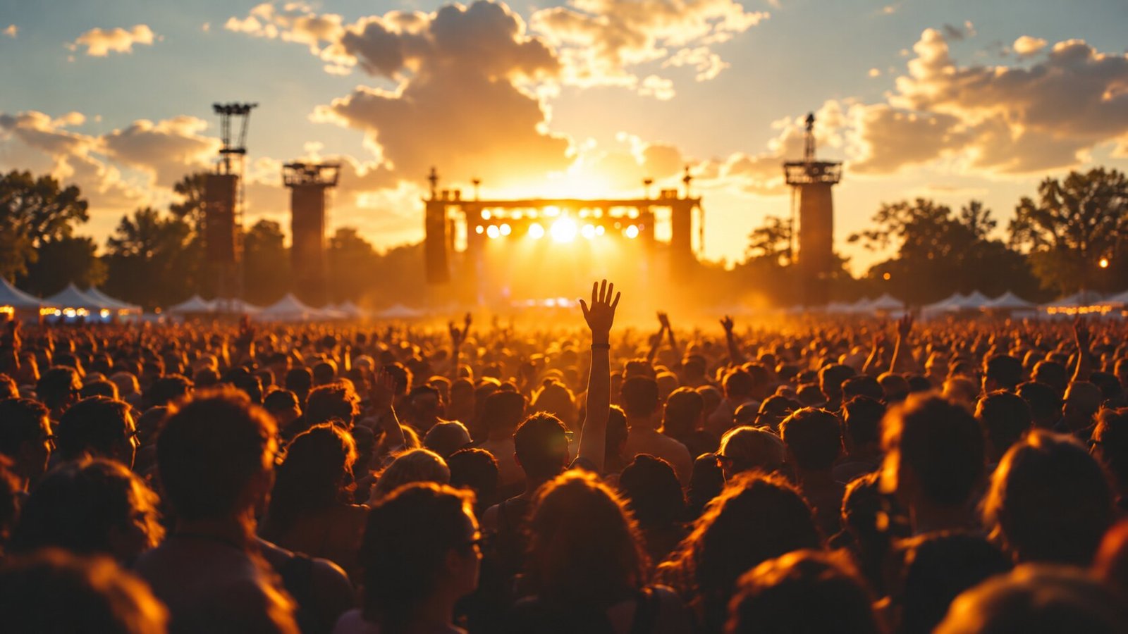 An audience seen from behind, facing a stage at sunset